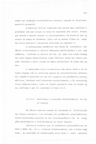 131

ladas sob condições
material

hidrodinâmicas

severas,

capazes de selecionar

grosseiro.

o material siltico acumulado nas partes mais centrais e
profundas
que drenam

a margem

lagunar e, principalmente,

gressa na Lagoa do Casamento
dos Patos mediante

fácies silto-arenosa
cedência,

geométrica

se observa

tas como leques deposicionais
~

onde ingressa

retratado

que in

Lagoa

d'água da

no capitulo

3.

das

ocorrência

das áreas de

e siltica demonstra

conforme

d'água

junto com as massas

o mecanismo

A configuração

dos cursos
do material

tem sua origem na carga de suspensão

perfeitamente

a sua

pr~

na Fig. 34, onde elas estão dispo~
cujos vértices

jazem nos canais por

o maior volume de águas proveniente

da Lagoa dos Pa

tos.
A identidade

entre os materiais

fundo lagunar não se restringe
Ela também é observada
métricos,

conforme

na, conforme

apenas às características

no que diz respeito

será discutido

ticas composicionais,

Morfologia

~urais.

aos parâmetros

posteriormente,

tanto na fração grosseira

o que foi apontado

4.4.3.2.

das áreas fonte e as do

granul~

e às caracteri~
como na fração fi

no item 4.3.2.

e Condições

do Cor

Hidrodinâmicas

po Lagunar

Em vários momentos
das fácies texturais

quando da discussão

e da variação

foram ressaltados

aspectos

çoes morfológicas

e hidrodinâmicas

Tornou-se
FOLK & WARD

rica,

de sua interdependência

evidente

distribuição

granulométricos
com

as

condi

do corpo lagunar.

que os parâmetros

Cob. cit.), traduzem

as condições

dos parâmetros

da

granulométricos

fidedignamente,

de sedimentação

nesta área e

de

sob a forma numé

neste

ambiente

 