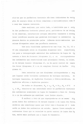 154

clui-se que os parâmetros

texturais

são bons indicadores

ções de energia mesmo em áreas complexas

de varia

e multiambientais

como é

o caso das lagunas costeiras.
Cabe analisar,
do dos parâmetros

por outro lado, a habilidade

texturais

possui para, partindo-se

to de amostras,

caracterizar

lecer critérios

seguros que permitam

gunares

antigos ambientes

dentre os produzidos

reinam divagantes

sobre uma provincia

Com esta finalidade
53 uma comparação

e Saco do Cocuruto

dos sedimentos
os da margem
dos Patos
gramas

ambiental

lagunar

(diagramas

la

os sedimentos

micro-ambientes

nas Figs.

dispersos

que

50, 51, 52 e

mais

dos sedimentos

(diagramas 1), e

que constituiram

e estabe

costeira.

apresenta-se

entre os diagramas

vos para a interpretação
samento

inúmeros

pelos

de um conju~

lagunares

distinguir

estu

que o

correspondentes
fontes, ou sejam,

Lagoa

(diagramas 2), os da parte central da
3) e os do complexo

Ca

da Lagoa do

os

suas principais

significat!

(dia

fluvial do Guaiba

4).

Cabe ressaltar

que nos diagramas

gem lagunar estão incluidos
terraços

lagunares,

depósitos

eólicos

sedimentos

de depósitos

e depósitos

correspondentes

de terraços

mar

a

de

marinhos,

e flúvio-deltáicos,

de

M z x a l ' M x x Sk l ' M z x K'G

e

fluviais

praiais.

~

Em todos os diagramas,
al x Skl' observa-se
dos sedimentos
to

e

os

acumulados

dos sedinentos

~

uma identidade

notável

na Lagoa do Casamento

que oonstituem

uma semelhança

da margem

sedimentos

Cocuru

dia

em um mesmo

lagunar e da Lagoa dos Patos,

em estudo.

finos que se acumulam

tos, muito mais profunda

e Saco do

quase que total com o diagrama

estão os dados dos sedimentos

texturais

suas fontes atuais.

o fato de que superpondo-se

grama dados dos sedimentos
obtém-se

entre os parâmetros

Apenas

n9 1

onde

fazem exceção

os

na parte central da Lagoa dos Pa

que a Lagoa do Casamento.

 