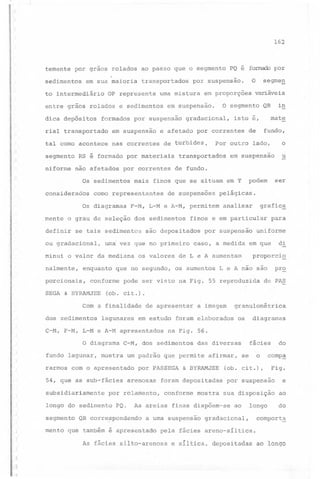 :1,.62

temente por graos rolados ao passo que o segmento PQ é fo~
sedimentos

em sua maioria

to intermediário

transportados

OP representa

o segme~

por suspensão.

uma mistura

em proporções

variáveis

o segmento

entre grãos rolados e sedimentos em suspensão.

por

mate

dica depósitos formados por suspensão gradacional, isto é,
rial transportado
tal como acontece

J

em suspensão

e afetado por correntes

nas correntes

de turbidez.

in

QR

fundo,

de

o

Por outro lado,

u

segmento RS é formado por materiais transportados em suspensao
niforme

não afetados

por correntes

de fundo.

considerados

como representantes

Os diagramas

de suspensões

definir

se tais sedimentos

ou gradacional,

enquanto

porcionais,

que no segundo,

conforme

SEGA & BYRAMJEE

caso, a medida

uniforme

di

em que

de L e A aumentam
os aumentos

para

proporcio

L e A não são

pr~

de PAS

(ob. cit.).

lagunares

de apresentar

em estudo

C-M, F-M, L-M e A-M apresentados
O diagrama
fundo lagunar,

por suspensão

pode ser visto na Fig. 55 reproduzida

Com a finalidade
dos sedimentos

são depositados

os valores

grafic~

analisar

finos e em particular

uma' vez que no primeiro

minui o valor da mediana
nalmente,

pelágicas.

F-M, L-M e A-M, permitem

mente o grau de seleção dos sedimentos

ser

podem

Os .sedimentos mais finos que se situam em T

a imagem

foram elaborados

por PASSEGA

arenosas

diagramas

fácies

das diversas

mostra um padrão que permite

54, que as sub-fácies

os

na Fig. 56.

C-M, dos sedimentos

rarmos com o apresentado

granulométrica

afirmar,

& BYRAMJEE

foram depositadas

o

se

do

comp~

(ob. cit.),

Fig.

por suspensao

e

subsidiariamente por rolamento, conforme mostra sua disposição ao
longo do sedimento
segmento

PQ.

As areias finas dispõem-se

QR correspondendo

a uma suspensao

mento que também é apresentado

ao

longo

gradacional,

do

comport~

pela fácies areno-síltica.

/

As fácies silto-arenosa

,]
r1

e sIltica,

depositadas

ao longo

 