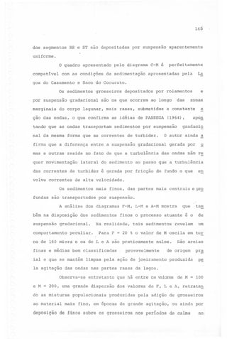 165

dos segmentos

RS e ST são depositadas

por suspensão

'aparentemente

o quadro apresentado pelo diagrama C-M é

perfeitamente

uniforme.

compatível

com as condições

goa do Casamento

de sedimentação

pela

La

por rolamentos

e

apresentadas

e Saco do Cocuruto.

Os sedimentos

grosseiros

depositados

das

por suspensão gradacional são os que ocorrem ao longo
marginais

do corpo lagunar, mais rasas, submetidas

ção das ondas, o que confirma

nal da mesma

sedimentos

forma que as correntes

apon

(1964),

por suspensão

de turbidez.

a

a constante

as idéias de PASSEGA

tando que as ondas transportam

zonas

gradaci~

O autor ainda a

firma que a diferença entre a suspensão gradacional gerada por

u

mas e outras reside no ,fato de que a turbulência das ondas nao re
quer movimentação
das correntes

lateral do sedimento

de turbidez

ao passo que a turbulência

en

é gerada por fricção de fundo o que

volve correntes de alta velocidade.
Os sedimentos
fundas são transportados
A análise

mais finos, das partes mais centrais e pr~
por suspensão.

dos diagramas

F-M, L-M e A-M mostra

que

-tam

bém na disposição dos sedimentos finos o processo atuante é o

de

suspensão gradacional.

um

comportamento

peculiar.

Na realidade,
Para F

=

tais sedimentos

20 % o valor de M oscila em tor

no de 160 micra e os de L e A são praticamente nulos.
finas e médias bem classificadas
ial e que se mantém
Ia agitação

de origem

limpas pela ação de joeiramento

entretanto

e M = 200, uma grande dispersão
do as misturas

deposição

provavelmente

são areias

p~

produzida

p~

das ondas nas partes rasas da lagoa. '

Observa-se

ao material

-

revelam

populacionais

que há entre os ~ores
dos valores

produzidas

=

de M

100

de F, L e A, retratag

pela adição de grosseiros

mais fino, em épocas de grande agitação,

ou ainda por

de finos sobre os grosseiros nos períodos de calma

no.

 