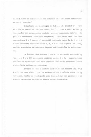 17~,

ra modificar as características herdadas dos ambientes anteriores
de maior

energia.
Entretanto

da observação

na área de estudo os índices
lacionados

com a~umulações

praia e sedimentos
com mediana

12223, 12233, 12234 e 22233 estão re

praiais

lagunares

(praias 1agunares,

marginais)

4 e 5 com o 19 percentil

o 999 percentil

variando

rnentos acumulados

que

da Tabela 18, conclui-se

.

Por outro lado

variando

entre 7, 8, 9 e °

em ambiente

de

cristas

índices

entre 1, 2, 3 e 4 e

são típicos

lagunar sob condições

de

sedi

de baixa ener

gia.
Os índices com mediana
tre -1 e 3 e o 999 percentil
sedimentos

acumulados

a província

biente

mostra-se

particular

e~

caracterizam

entre 3 e °,
ambientes

vari~ndo

reinantes

sobre

costeira.

que o sistema elaborado

é efetivo para classificar
tretanto,

variando

nos mais variados

sedimentar

Conclui-se

3 com o 19 percentil

os sedimentos

inadequado

por DOEGLAS

da província

para identificar

em que os mesmos

(ob. cit.)

costeira,en

com precisão

foram acumulados.

o aro

 
