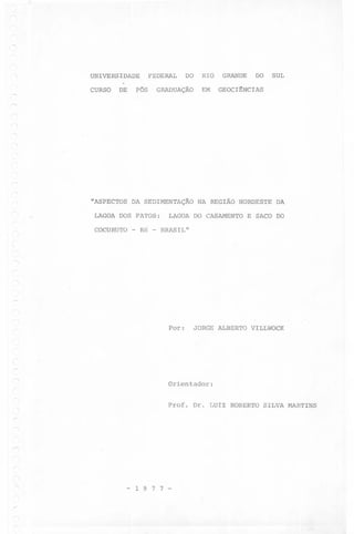 FEDERAL

UNIVERSIDADE

CURSO

DE

p(jS

DO

GRADUAÇÃO

RIO
EM

GRANDE

DO

SUL

GEOCI~NCIAS

-,

"ASPECTOS DA SEDIMENTAÇÃO
LAGOA DOS PATOS:
COCURUTO

-

RS

-

NA REGIÃO NORDESTE

LAGOA DO CASAMENTO

DA

E SACO DO

BRASIL"

Por:

JORGE ALBERTO VILLWOCK

Orientador:

Prof. Dr. LUIZ ROBERTO SILVA MARTINS

r

/-

- 1 9 77r

 