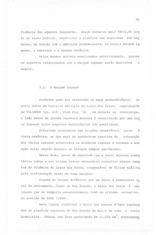 20

fluência

dos agentes

lagunares.

to de vista prático,

subdividir

dades,

a barreira

nas seguintes.

predominante,

po~

sub-uni

ou seja,a margem

la

e a margem oceânica.

Pelos mesmos motivos
os aspectos

torna-se mais fácil,do

a planície

de acordo com o ambiente

gunar,

Assim

relacionados

mencionados

com a margem

anteriormente,

apenas
a

lagunar serão descritos

seguir.

,3.1.

A Margem

Conforme

pode ser observado

parte norte da barreira
de VILLWOCK

Lagunar

múltipla

(ob. cit), vide Fig.

o lado oeste da grande barreira
ta lagunar

da

no mapa geomorfológico

da Lagoa dos Patos,

58

em encarte

na

arenosa é constituido

cujos aspectos morfológicos

reproduzido
contracapa,

por uma cos

são . peculiares.

~

Diferindo
costa oceânica,
dos vários

totalmente

as que aqui se apresentam

agentes

envolvidos

na dinâmica

açao nesta região durante os últimos
Deste modo,

Ligada

faz-se necessário

ao Oceano Atlântico

ressaltar

comen

alguns as~

em última análise,

no sentido de BIRD

por um único e permanente

e

Canal de Rio Grande, a Lagoa dos Patos

laguna que se comporta

essencialmente

como um sistema

c~

uma

estuarino,

(1968).

Esta laguna constitui

brasileira.

e tecer maiores

atual de suas margens.

nal de escoamento,

das na planície

interação

tempos geológicos.

da Lagoa dos Patos, responsável

pela configuração

da

lagunar e retratam a sua

antes de descrevê-las

tários sobre a sua origem
tos da dinâmica

resultam

a

junto

das feições observáveis

costeira

a maior das massas d'água

do Rio Grande do Sul e de toda

Possui urna área aproximada

repres~

a

costa

de 11.000 km2, estendendo

 