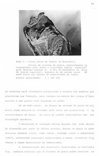 40
.

l

Foto 3

-

Vista aérea do Pontal do Anastácio.

Feixes de cristas de praia, parcialmente r~
trabalhados pelo vento e truncados (parte superior)
pelo Terraço Lagunar 2. O Rio do Anastácio ou Fur~
do (parte superior), evoluiu de um antigo canal
de
maré ativo nas épocas de segmentação da lagoa.
1 : 100 000
Escala aproximada:

ma descritos está claramente
presidiram
maiores

sua formação,

relacionada

mais

meiro

grupo mostram-se

senvolvimento
orientação

de discussão

às vezes de padrão

de formação

JOHNSON

(1919), KING
processos

e vagas decorrentes
A interpretação

fia,

o

pelo vento que proporciona

permite

destas

longitudinal

feições

por parte de vários autores,

(1967), envolvendo
raneas

de praia do pr!

com

de
urna

nordeste.
O mecanismo

destacar

ao vento.

os feixes de cristas

afetados

de dunas,

que

intensa nas margens dos corpos d'água

e nas praias mais expostas
De um modo geral,

a energia dos agentes

concluir

tem

sido objeto

dentre os quais

(1959), SHEPARD
relacionados

se pode

(1963) e ZENKOVITCH

a ondas,

correntes

lito

de tempestades.
das descrições

que as cristas

encontradas

na bibliogr~

de praia podem resultar

na

 