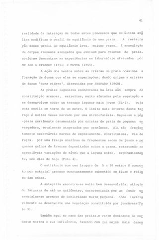 41

realidade

da interação

lise modificam

de todos estes processos

o perfil

de equilibrio

ção desse perfil de equilibrio
de corpos arenosos
conforme

alongados

demonstram

Mc KEE & STERRET

em laboratório

de dunas que elas se superimpõem,

de dunas

"dune ridges",

discutidas

lagunares

praia,
por

efetuadas

(1964).

formação

a

de praia ocasiona

dando origem

por SHEPARD

encontradas

arenosa.,. estreitas,

se desenvolvem

de

que evoluem para cristas

as experiências

restaura

à acumulação

muitas vezes,

A ação dos ventos sobre as cristas

constituição

A

de uma praia.

leva,

(1961) e MOTTA

As praias

que em última aná

a cristas

(1960).

na área são

muito afetadas

de

sempre

pela vegetação

sobre um terraço lagunar mais jovem

e

cuja

(TL-2),

cota oscila em torno de um metro. O limite mais interno deste ter
raço é muitas

vezes marcado

-praia geralmente
vergadura,

ornamentada

totalmente

temente opserváveis

regra,
quenos

por uma micro-falésia.

por gramineas.

de espraiamento,

por uma franja continua

variações

te, nos dias de hoje

en

freqüe~
via de

secos de junco e p~

sobre a grama, retratando

de nivel que a laguna sofre,

as

esporadicame~

(Foto 4).

O estirâncio
to por material

Al~ são

constitui das,

de fragmentos

galhos de árvores depositados

apreciáveis

a pó~

por cristas de praia de pequena

atapetadas

marcas

Segue-se

com uma largura de

arenoso

constantemente

5 a 10 metros

submetido

é compo~

ao fluxo e reflu

xo das ondas.
A antepraia
do larguras
sencialmente
velmente

encontra-se

de até um quilômetro,

muito bem desenvolvida,
caracterizada

arenoso de declividade

se desenvolve

uma vegetação

constituida

fundo

por um

muito pequena,

atingig

onde

es

invaria

por juncáceas(F~

to 5).
Também aqui no caso das praias,o

vento dominante

deste mostra a sua influência, fazendo com que sejam

de nor

mais desen

 