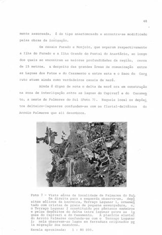 48
.

mente assoreada,

~ do tipo anastomosado e encontra-se modificado

pelas obras de irrigação.
Os canais Furado e Monjolo,
a Ilha do Furado
dos quais

as Lagoas

e a Ilha Grande do Pontal do Anastácio,

se encontram

de 15 metros,

que separam respectivamente

as maiores

a despeito

dos Patos e do Casamento

ruto atuam ainda como verdadeiros

da região,

cerca

áreas de comunicação

entre

profundidades

das grandes

ao longo

e entre esta e o Saco do

Cocu

canais de mar~.

Ainda ~ digno de nota o delta de mar~ ora em construção
na zona de interligação

entre as lagoas do Capivarí

to, a oeste de Palmares

do Sul

tos deltaico-lagunares
Arroio

Palmares

Foto 7

-

(Foto 7).

confundem-se

Naquele

e do

Casamen

local os depós!

com os fluvial-deltáicos

que ali desemboca.

Vista a~rea da localidade de Palmares do SuL

Da direita para a esquerda observa-se,
depó
sitos eólicos da barreira, Terraço Lagunar 1, ornamen
tado com cristas de p~aia de pequena envergadura,
e,
o Terraço Lagunar 2 constituido por pântanos costeiros
e pelos depósitos do delta intra lagunar entre as Ia
go~s do Capivari e do Casamento.
A planície aluviaI
do Arroio Palmares confunde-se com o Terraço Lagunar
li nela observam-se lagos em ferradura originados p~

Ia migração dos meandros.
Escala

aproximada:

1:

.

80 000.

do

 