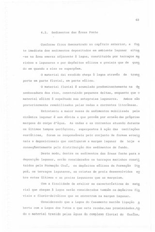 60

4.2.

Sedimentos

Conforme
te imediata

das Áreas Fonte

ficou demonstrado

dos sedimentos

depositados

-se na area emersa

adjacente

rinhos e lagunares

e por' depósitos

do em quando

no capítulo

anterior,

em ambiente

à lagoa, constituida

fon

a

situa

lagunar

por terraços

qua~

eólicos e praiais que de

a eles se superpõem.

de

o material dai erodido chega à lagoa através
porte em parte fluvial,

trans

em parte eólico.

de

o material fluvial é acumulado predominantemente na
sembocadura
material

dos rios, construindo

eólico é espalhado

posteriormente

margens

pequenos

nas antepraias

remobilizados

Entretanto
dinâmica

m~

deltas, enquanto

Ambos

lagunares;

pelas ondas e correntes

a maior massa de sedimentos

que o
são

litorâneas.

mobilizada

pela

lagunar é sem dúvida a que provém por erosão das próprias
As ondas e as correntes

do corpo d'água.

os últimos

tempos geológicos,

eustáticas,

superpostos

foram os responsáveis

nais e deposicionais
conseqüentemente

que configuram

pela distribuição

deposição

lagunar,

a margem

poã, os terraços
bre estes últimos

Chuí,

lagunares,

Considerando

de

lagunar

de fundo.

consti

Ita

da Formação

so

as cristas de praia desenvolvidas
lagunares

e

hoje

das áreas fonte para a

eólicos

que as margeiam.

de avaliar as características

rial que chegam à lagoa serão considerados
viais e fluvio-deltáicos

oscilações

os terraços marinhos

os depósitos

e as praias

Com a finalidade

durante

de formas erosi~

dos sedimentos

serão considerados

tuidos pela Formação

à ação das

pelo conjunto

Deste modo, dentre os sedimentos

atuando

que se encontram

do

mate

também os depósitos flu
na margem

que a Lagoa do Casamento

lagunar.

mantém

ligação

a

berta com a Lagoa dos Patos e que esta recebe, nas proximidades,t~
do O material

trazido pelas águas do complexo

fluvial do

Guaiba,

 