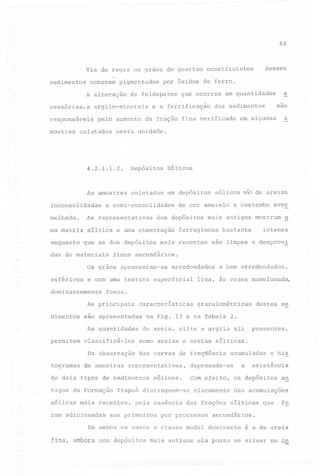 64

Via de regra os graos de quartzo
sedimentos

ocorrem pigmentados
A alteração

cessórias,a
responsáveis
mostras

por óxidos de ferro.

de feldspatos

argilo-minerais

gue ocorrem

e a ferrificação

Depósitos

coletadas

em depósitos

inconsolidadas

a semi-consolidadas

As representativas

ma matriz

síltica e uma cimentação

dos depósitos

que as dos depósitos

das de materiais

a bem arredondados,

lisa, às vezes mamelonada,

fosca.
características

são apresentadas

classificá-los
Da observação
de amostras

tigos da Formação

destes se

2.

de areia, silte e argila ali

presentes,

como areias e areias sílticas.
das curvas de freqüência

representativas,
eólicos.

pela ausência

aos primeiros

acumuladas

a

depreende-se

claramente

existência

das frações sílticas

por processos

a~

das acumulações
que

fo

secundários.

Em ambos os casos a classe modal dominante
fina, embora nos depósitos

e his

Com efeito, os depósitos

Itapoã distinguem-se

eólicas mais recentes,

granulométricas

na Fig. 17 e na Tabela

de dois tipos de sedimentos

ram adicionadas

intensa

bastante

são limpas e desprov!

arredondados

e com uma textura superficial

As quantidades

togramas

u

finos secundários.

As principais

permitem

aver

mais antigos mostram

ferruginosa

mais recentes

Os grãos apresentam-se

dominantemente

eólicos são de areias

de cor amarelo e castanho

melhado.

dimentos

a

em algumas

Eólicos

As amostras

esféricos

sao

dos sedimentos

nesta unidade.

4.2.1.1.2.

enquanto

a

em quantidades

pelo aumento da fração fina verificado

coletadas

desses

constituintes

mais antigos ela possa

é a de areia

se situar no in

 