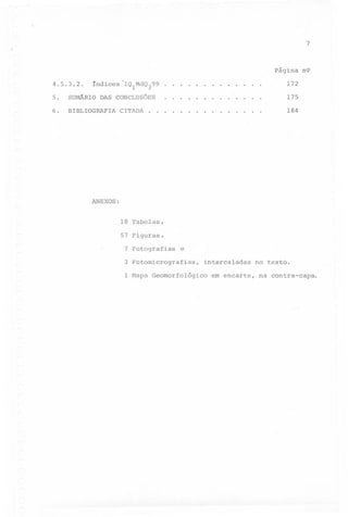 _.

7

Página

n9

172
4.5.3.2.

índices

5.

SUMÁRIO

DAS

6.

'lQ1MdQ399

BIBLIOGRAFIA

.

CITADA.

.

.

.

.

.

.

.

.

.

.

.

.

.

.

CONCLUSÕES.

.

.

.

.

.

.

.

.

.

.

.

.

175

.

.

.

.

.

.

.

.

.

.

.

.

184

ANEXOS:

,18 Tabelas,
57 Figuras,

7 Fotografias

e

3 Fotomicrografias,
1 Mapa Geomorfológico

intercaladas

no texto.

em encarte, na contra-capa.

 