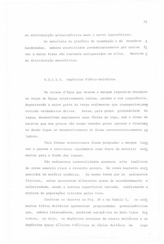 72

ma distribuição

granulométrica

Os materiais
bandonados,

meso a muito

de planície

embora constituidos

nas a muito

finas são bastante

ma distribuição

leptocúrtica.

de inundação

predominantemente

enriquecidos

Mostram

em silte.

Depósitos

u

Flúvio-Deltáicos

Os cursos d'água que drenam a margem
no corpo de águas relativamente

deltas.

lagoa, desenvolvem

amplamente

lagunarao

desaguar

calmas, perdem a sua competência,

a maior parte da carga sedimentar

truindo verdadeiros

baixios

fi

por areias

mesocúrtica.

4.2.1.1.5.

depositando

a

meandros

e de

que transportam,co~

da

profundidade

Estes, pela pouca

seus fácies de topo, sob a forma de

que aos poucos vão sendo tomados pelos

te dando lugar ao desenvolvimento

juncais e finalmen

de áreas caracteristicamente

p~

ludais.
Tais formas acrescionais
nar e passam
mentar

a contribuir

igualmente

a margem

lag~

como fonte de materialsedi

para o fundo das lagoas.
são sedimentos

de cores amarelo
quecidos

de populações

trazidas

se observa

flúvio deltáicos

depósitos

ou

seja,

iamíticos

enri

sedimentos

forma que os

e

graus de arredondamento
confirmando

variada,

a

pelos rios.
na Fig. 20 e na Tabela

apresentam

embora heterogêneas,

tintos,

diferentes

e/ou

às vezes bastante

sendo a textura superficial

Conforme
mentos

arenosos

Da mesma

orgânica.

estes apresentam

esfericidade,
mixtura

inconsolidados

claro a .cinzento escuro,

em matéria

fluviais,

que,

fazem progradar

permitem

os depósitos

propriedades

arena sílticos esílticos

granulométricas

em dois tipos

dis

de canais deltáicos

e os

agrupá-los

arenosos

os sedi

5,

de fâcies deltáico

de

topo

 