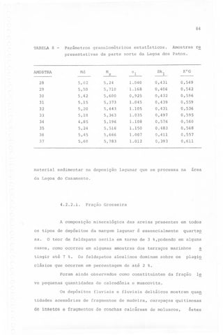 84

TABELA

8

parâmetros

-

granu10métricos

presentativas

M

Md

28
29

5,02

5,24

5,50

30
31

5,42
5,15

32
33
34

5,20
5,10

re

K'G

Sk1

°1

z

1.040

0,431

0,549

5,710

'1.168

0,406

0,542

5,600

0,925
1.045

0,432

0,596
,0,559

5,373
5,443

1.108

5,666
5,783

0,536
0,595

0,576
0,483

1.012

0,560
0,568

0,411
0,393

1.150
1.007

5,516

5,24
5,45
5,60

0,439
0,431
0,497

1.105
1.035

5,363
5,196

4,85

37

Amostras

da parte norte da Lagoa dos Patos.

AMOSTRA

35
36

estatísticos.

0,557
0,611

~

material

sedimentar

na deposição

1agunar que se processa

area

na

da Lagoa do Casamento.

4.2.2.1.

Fração Grosseira

A composição

,.

os tipos de depósitos

sa.

minera1ógica

O teor de fe1dspato

casos, como ocorreu
tingir até 7 %.

em algumas amostras
alcalinos

em percentagem

Foram ainda observados
ve pequenas

quantidades

Os depósitos
tidades acessórias

quartz~

oscila em torno de 3 %,podendo

Os fe1dspatos

c1ásios que ocorrem

em todos

1agunar é essencialmente

da margem

das areias presentes

de fragmentos

dos terraços marinhos
dominam sobre os

a

plagio

de até 2 %.

como constituintes

de ca1cedônia
fluviais

em alguns

da fração

1e

e muscovita.

e fluviais

de1tâicos

de madeira,

mostram

carapaças

quag

quitinosas

de insetos e fragmentos de conchas calcáreas de moluscos,

êstes

 
