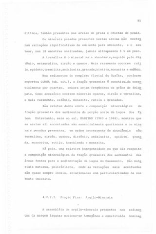85

últimos,

também presentes
Os minerais

nas areias de praia e cristas

pesados presentes

de praia.

mostra

nestas areias não

~

ram variações

significativas

teor, nas 18 amostras

analisadas,

A turmalina
tênio, estaurolita,

de ambiente

e o

para ambiente,

jamais ultrapassou

3 % em peso.

é o mineral mais abundante, seguido pelo di~

zircão e opacos. Mais raramente

Nos sedimentos
CUNHA

cialmente

por quartzo,

e mais raramente,

ocorrem minerais

Bão existem
fração grosseira
Entretanto,

as areias

turmalina,

dos sedimentos

a composiçao

mineralógica

sao quase

pOlicíClicos,

dos

Pa
que

-

sao

de abundância

andalusita,

gran~

epidoto,

e monazita.

homogeneidade

da fração grosseira

areas fontes para a sedimentação

da

mineralógica

quartzos as e os mine

em ordem decrescente

rutilo, hornblenda

riais maturos,

zircão e turmalina,

(1963 e 1966), mostrou

são essencialmente

Há pois, uma relativa

os grãos de felds

da porção norte da Lagoa

zircão, opacos, distênio,

essen

rutilo e granadas.

mais ao sul, MARTINS

presentes,

da, muscovita,

opacos,

dados sobre a composição

ali encontradas

rais pesados

monazita,

conforme

é constituida

embora sejam freqüentes

esfênio,

e esfênio.

fluvial do Guaíba,

(ob. cit.), a fração grosseira

pato. Como acessório

tos.

do complexo

ruti

ocorrem

lo,epidoto,tremolita,andalusita,granada,biotita,monazita

reportou

seu

no que diz respeito
dos sedimentos

são mate

da Lagoa do Casamento.

onde as variações

sempre locais, relacionadas

mais

das

acentuadas

com particularidades

de sua

fonte imediata.

4.2.2.2.

Fração

Fina:

Argilo-Minerais

.

A assembléia
tos da margem

de argilo-minerais

lagunar mostrou-se

homogênea

presentes

nos

e constituida

sedimen
dominan

 