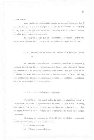 87

rigem comum.
Analisando

as disponibilidades

reas fontes para a sedimentação
cias, conclui-se
seguida

em argilo-minerais

na Lagoa do Casamento

que o mineral mais abundante

e

das ~

adjacêg

é a montmorilonita,

pela ilita e caulinita.
Observa-se

ainda que os sedimentos

da margem

lagunar são

muito mais pobres em ilita que os do Guaíba e Lagoa dos Patos.

4.3.

Sedimentos

da Lagoa do Casamento

e Saco do Cocuru

to

Os materiais
rosivos

das áreas fonte

do Casamento
dinâmica

lagunar

anteriormente

são distribuidos

lagunares

para os sedimentos

4.3.1.

Características

e depositados.
a mesma

processos

chegam à

dos resultados

a distribuição

Lagoa

aos agentes da
A descrição

sistemática

de~

utilizada

e

da análise granulométrica

de areia, silte e argila

em um diagrama
dos sedimentos

triangular,

lanç~

foi

de 'fundo nos corpos

lagunares.

Conforme
foram determinadas

~

Texturais

em conta as quantidades

mapear

descritas,

onde submetidos

obedecerá

das para o fim de classificação
possível

mediante

das áreas fonte.

Partindo-se
levando-se

retirados,

e ao Saco do Cocuruto

tes sedimentos

~

detríticos

se observa

na Fig. 25 quatro

nestes sedimentos:

1

-

Fácies arenosa

2

-

Fácies areno-síltica

fácies

texturais

 
