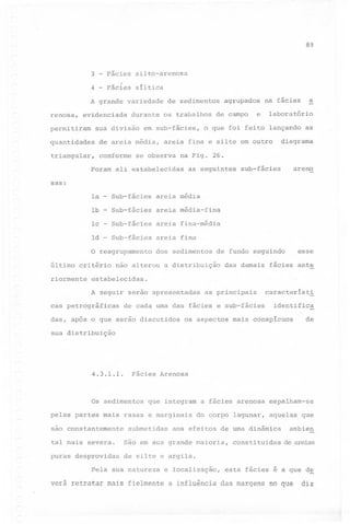 :89

3

-

Fácies

silto-arenosa

4 - Fácies síltica
A grande variedade
renosa,

evidenciada

permitiram

de sedimentos

durante os trabalhos

sua divisão

em sub-fácies,

agrupados

de campo

e

na fácies

laboratório

o que foi feito lançando

quantidades
triangular,

conforme

as

diagrama

de areia média, areia fina e silte em outro
se observa

a

na Fig. 26.

Foram ali estabelecidas

as seguintes

areno

sub-fácies

sas:
la - Sub-fácies areia média
lb - Sub-fácies areia média-fina
lc - Sub-fácies areia fina-média
ld - Sub-fácies areia fina
o reagrupamento
último

critério

riormente

dos sedimentos

esse

de fundo seguindo

não alterou a distribuição

das demais fácies ante

estabelecidas.
A seguir serão apresentadas

cas petrográficas

as principais

de cada uma das fácies e sub-fácies

das, após o que serão discutidos

característi
identifica

os aspectos mais conspícuos

de

sua distribuição

4.3.1.1.

Fácies Arenosa

Os sedimentos

que integram

pelas partes mais rasas e marginais
são constantemente

submetidas

a fácies arenosa

espalham-se

do corpo lagunar,

aquelas,que

aos efeitos de uma dinâmica

tal mais severa.

são

puras desprovidas

ambien

de silte e argila.

em sua

Pela sua natureza

grande

maioria,

e localização,

constituidas,de

esta fácies é a que d~

vera retratar mais fielmente a influência das margens no que
~

areias

diz

 