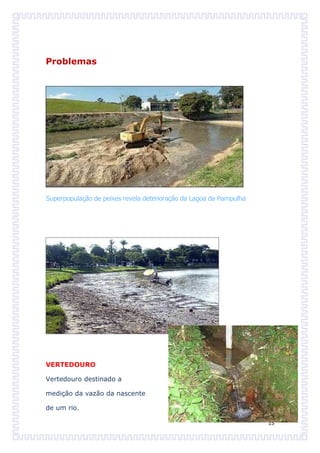 Problemas




Superpopulação de peixes revela deterioração da Lagoa da Pampulha




VERTEDOURO

Vertedouro destinado a

medição da vazão da nascente

de um rio.

                                                                    15
 