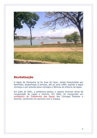 Revitalização
A lagoa da Pampulha já foi área de lazer, sendo frequentada por
banhistas, desportistas e famílias, até os anos 1980, quando a lagoa
começou a ser poluída pelos córregos e fábricas do entorno da lagoa.

Em julho de 2001, a prefeitura passou a realizar diversas obras de
recuperação da Lagoa e entorno. Em 2002, foi inaugurado um
vertedouro de Tratamento das Águas dos Córregos Ressaca e
Sarandi, construído em parceria com a Copasa.




                                                                   6
 