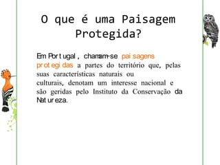 O que é uma Paisagem
      Protegida?
Em Por t ugal , cham -se pai sagens
                     am
pr ot egi das a partes do território que, pelas
suas características naturais ou
culturais, denotam um interesse nacional e
são geridas pelo Instituto da Conservação da
N ur eza.
 at
 