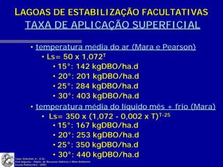 LAGOAS DE ESTABILIZAÇÃO FACULTATIVAS
  TAXA DE APLICAÇÃO SUPERFICIAL

           • temperatura média do ar (Mara e Pearson)
               • Ls= 50 x 1,072T
                  • 15°: 142 kgDBO/ha.d
                  • 20°: 201 kgDBO/ha.d
                  • 25°: 284 kgDBO/ha.d
                  • 30°: 403 kgDBO/ha.d
           • temperatura média do líquido mês + frio (Mara)
               • Ls= 350 x (1,072 - 0,002 x T)T-25
                  • 15°: 167 kgDBO/ha.d
                  • 20°: 253 kgDBO/ha.d
                  • 25°: 350 kgDBO/ha.d
                  • 30°: 440 kgDBO/ha.d
Isaac Volschan Jr., D.Sc.
Prof.Adjunto - Depto. de Recursos Hídricos e Meio Ambiente
Escola Politécnica - UFRJ
 