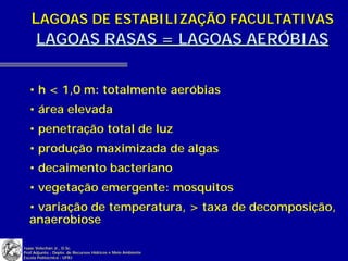 LAGOAS DE ESTABILIZAÇÃO FACULTATIVAS
    LAGOAS RASAS = LAGOAS AERÓBIAS


  • h < 1,0 m: totalmente aeróbias
  • área elevada
  • penetração total de luz
  • produção maximizada de algas
  • decaimento bacteriano
  • vegetação emergente: mosquitos
  • variação de temperatura, > taxa de decomposição,
  anaerobiose

Isaac Volschan Jr., D.Sc.
Prof.Adjunto - Depto. de Recursos Hídricos e Meio Ambiente
Escola Politécnica - UFRJ
 