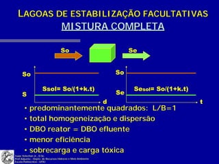 LAGOAS DE ESTABILIZAÇÃO FACULTATIVAS
          MISTURA COMPLETA

                                   So                                 Se


     So                                                          So

                     Ssol= So/(1+k.t)                                  Sesol= So/(1+k.t)
     S                                                           Se
                                                             d                             t
       • predominantemente quadrados: L/B=1
       • total homogeneização e dispersão
       • DBO reator = DBO efluente
       • menor eficiência
       • sobrecarga e carga tóxica
Isaac Volschan Jr., D.Sc.
Prof.Adjunto - Depto. de Recursos Hídricos e Meio Ambiente
Escola Politécnica - UFRJ
 