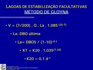 LAGOAS DE ESTABILIZAÇÃO FACULTATIVAS
        MÉTODO DE GLOYNA


• V = (7/200) . Q . La . 1,085 (35-T)

       • La: DBO última

               • La= DBO5 / (1-10)-K.t

                        • KT = K20 . 1,035(T-20)

                                 • K20 = 0,1 d-1
Isaac Volschan Jr., D.Sc.
Prof.Adjunto - Depto. de Recursos Hídricos e Meio Ambiente
Escola Politécnica - UFRJ
 