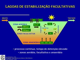 LAGOAS DE ESTABILIZAÇÃO FACULTATIVAS


BRUTO                                                                                                                  TRATADO
                                                               O2     CO2


                  ZONA AERÓBIA                                                              CO2
                                                                NeP




                                                                                                        fotossíntese
                                       DBOsol




                                                                       respiração
                                                                                    bactérias
                                       DBOpart

                          ZONA FACULTATIVA                                                      O2   algas




                                       ZONA ANAERÓBIA                        CO2 CH4 H2S



                  • processo contínuo, tempo de detenção elevado
                            • zonas aeróbia, facultativa e anaeróbia
  Isaac Volschan Jr., D.Sc.
  Prof.Adjunto - Depto. de Recursos Hídricos e Meio Ambiente
  Escola Politécnica - UFRJ
 