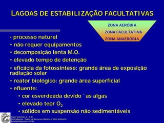 LAGOAS DE ESTABILIZAÇÃO FACULTATIVAS
                                                              ZONA AERÓBIA
                                                             ZONA FACULTATIVA
• processo natural                                           ZONA ANAERÓBIA
• não requer equipamentos
• decomposição lenta M.O.
• elevado tempo de detenção
• eficácia da fotossíntese: grande área de exposição
radiação solar
• reator biológico: grande área superficial
• efluente:
    • cor esverdeada devido `as algas
    • elevado teor O2
    • sólidos em suspensão não sedimentáveis
Isaac Volschan Jr., D.Sc.
Prof.Adjunto - Depto. de Recursos Hídricos e Meio Ambiente
Escola Politécnica - UFRJ
 