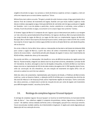 oxigênio dissolvido na água. Isso provoca a morte de diversas espécies animais e vegetais, e tem um
altíssimo impacto para os ecossistemas aquáticos.” Disse.
Milena falou mais sobreo assunto. “Em geral, provém da ação humana corpos d´água geralmente são o
destino final de sistemas de tratamento de esgoto, fazendo com que muita matéria orgânica vinda
desses sistemas seja jogada na água.Outra grandefonte de nutrientes vem da água usada para irrigação
em fazendas: com o uso de adubos e pesticidas, muitas substâncias e nutrientes, como sulfatos e
nitratos, ficam dissolvidas na água, e acumulam-se no corpo d´água mais próximo.” Contou.
O Sistema ‘Lagoa de Maricá’ é composto de seis lagunas que se intercomunicam, tendo a sua margem
sul reta e de areia, aproximadamente 20 quilômetros. As lagunas são Brava, Maricá propriamente dita
(ou Largo Grande da Lagoa de Maricá, ou Lagoa de São José, ou simplesmente: Laguna de Maricá),
Bacoparí,Barra,Padree Gururapina ( Ou Guarapina para outros, sendo que o roteiro D.H.N. trás o nome
Gururúpirá). A maior lagoa do sistema Lagoa de Maricá está na direção Norte Sul, vem desde Araçatiba
até ao Zacarias
Em visita à Maricá, Carlos Minc falou sobre as intervenções da Secretaria de Estado do Ambiente (SEA)
para sanear a Lagoa de Maricá, a partir das obras de coleta e tratamento de esgoto na região do
entorno do ecossistema – atualmente poluído pelo despejo de esgoto in natura. Com investimentos de
R$ 60 milhões, metade das obras já foi executada
De acordo com Minc, as intervenções irão beneficiar cerca de 80% de moradores da região central de
Maricá. Posteriormente, chegarão aos demais bairros do primeiro distrito, atendendo a um total de 48
mil moradores. As obras abrangem os bairros de Itapeba e Araçatiba, no Centro de Maricá. A primeira
etapa consiste na implantação de 101 km de rede coletora de esgoto e de 11.700 ligações domiciliares,
além da construção de oito elevatórias, de uma estação de tratamento de esgoto (ETE) e de um
emissário submarino com 4 km mar adentro
Além das obras de saneamento, implementadas pelo Governo do Estado, a Prefeitura de Maricá tenta
viabilizar, junto ao Governo Federal, a obtenção de R$ 23 milhões para o saneamento dos distritos de
São José de Imbassaí e de Itaipuaçu/Inoã; outras importantes regiões do município. “Com a conclusão
das obras previstas, a cidade estará saindo da situação de zero por cento de esgoto sem tratamento
para 80% de esgoto tratado”, ressaltou Carlos Minc.
14. Restinga do complexo lagunar Grussaí-Iquipari
A restinga do complexo lagunar Grussaí-Iquipari se localiza no norte fluminense, no município de São
João da Barra 1 . Sua cobertura vegetal é composta de gramíneas, moitas, leguminosas, bromélias e
cactos2 . Há abelhas nativas dotadas de ferrão como a mamangaba, que poliniza o maracujá-amarelo.
Foram encontradas também abelhas da triboCentridini e Euglossini. A região vem sendo degradada por
deposição de lixo e extração de areia.
 