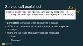 Service call explained
public interface ServiceCall<Request, Response> {
CompletionStage<Response> invoke(Request request)
}
• ServiceCall is invoked when consuming a service
• JSON is the default serialization format for request/response
messages
• There are two kinds of request/response messages
• Strict
• Streamed
SAM
 