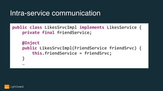 Intra-service communication
public class LikesSrvcImpl implements LikesService {
private final friendService;
@Inject
public LikesSrvcImpl(FriendService friendSrvc) {
this.friendService = friendSrvc;
}
…
 
