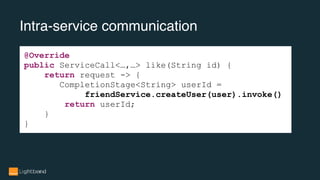 Intra-service communication
@Override
public ServiceCall<…,…> like(String id) {
return request -> {
CompletionStage<String> userId =
friendService.createUser(user).invoke()
return userId;
}
}
 