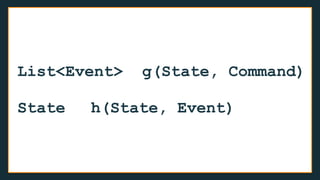List<Event> g(State, Command)
State h(State, Event)
 