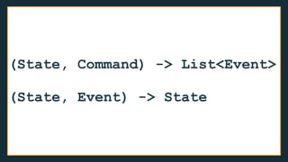 (State, Command) -> List<Event>
(State, Event) -> State
 
