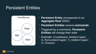 Persistent Entities
• Persistent Entity corresponds to an
Aggregate Root (DDD)
• Persistent Entities receive commands
• Triggered by a command, Persistent
Entities will change their state
• Example: CreateBasket, AddItem(“apple”,
3), RemoveItem(“apple”, 7), AddItem(“apple”,
5), Checkout
FriendService
Peter
Bob
Alice
 