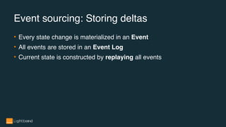 Event sourcing: Storing deltas
• Every state change is materialized in an Event
• All events are stored in an Event Log
• Current state is constructed by replaying all events
 