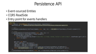 Persistence API
• Event-sourced Entities
• CQRS ReadSide
• Entry point for events handlers
 