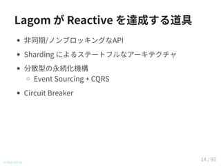 Lagom が Reactive を達成する道具
非同期/ノンブロッキングなAPI
Sharding によるステートフルなアーキテクチャ
分散型の永続化機構
Event Sourcing + CQRS
Circuit Breaker
© 2016 TIS Inc.
14 / 92
 