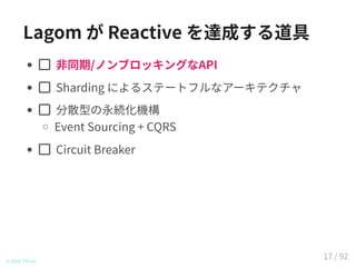 Lagom が Reactive を達成する道具
非同期/ノンブロッキングなAPI
Sharding によるステートフルなアーキテクチャ
分散型の永続化機構
Event Sourcing + CQRS
Circuit Breaker
© 2016 TIS Inc.
17 / 92
 