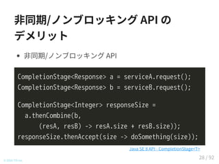 非同期/ノンブロッキング API の
デメリット
非同期/ノンブロッキング API
CompletionStage<Response> a = serviceA.request();
CompletionStage<Response> b = serviceB.request();
CompletionStage<Integer> responseSize =
a.thenCombine(b,
(resA, resB) -> resA.size + resB.size));
responseSize.thenAccept(size -> doSomething(size));
© 2016 TIS Inc.
Java SE 8 API - CompletionStage<T>
28 / 92
 