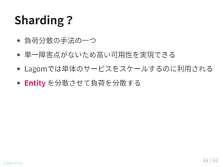 Sharding？
負荷分散の手法の一つ
単一障害点がないため高い可用性を実現できる
Lagomでは単体のサービスをスケールするのに利用される
Entity を分散させて負荷を分散する
© 2016 TIS Inc.
33 / 92
 