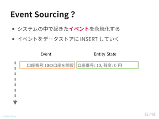 Event Sourcing？
システムの中で起きたイベントを永続化する
イベントをデータストアに INSERT していく
© 2016 TIS Inc.
口座番号:10の口座を開設
Event Entity State
口座番号: 10, 残高: 0 円
52 / 92
 