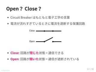 Open？ Close？
Circuit Breaker はもともと電子工学の言葉
電流が流れすぎているときに電流を遮断する保護回路
Open
Close
Close: 回路が閉じた状態 = 通信できる
Open: 回路が開いた状態 = 通信が遮断されている
© 2016 TIS Inc.
67 / 92
 