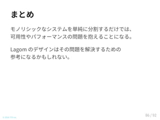 まとめ
モノリシックなシステムを単純に分割するだけでは、
可用性やパフォーマンスの問題を抱えることになる。
Lagom のデザインはその問題を解決するための
参考になるかもしれない。
© 2016 TIS Inc.
86 / 92
 