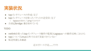 実装状況
● tapインタフェースの作成: 完了
● tapインタフェースを使ったパケットの送受信: 完了
○ lagopusを経由してpingがとおります
● 自前L2bridge: 動き始めている
TODO
● netlinkを使ったtapインタフェース操作の監視とLagopusへの動作反映: これから
● tapについてLinux以外ではまだ実装できていない
● 転送性能も未確認
近日リリース予定……です!
 