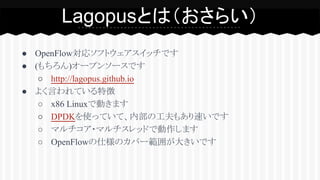 ● OpenFlow対応ソフトウェアスイッチです
● (もちろん)オープンソースです
○ http://lagopus.github.io
● よく言われている特徴
○ x86 Linuxで動きます
○ DPDKを使っていて、内部の工夫もあり速いです
○ マルチコア・マルチスレッドで動作します
○ OpenFlowの仕様のカバー範囲が大きいです
Lagopusとは（おさらい）
 