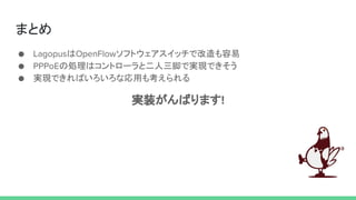 ޤȤ
 LagopusOpenFlowեȥåǸ
 PPPoE΄Iϥȥ`ȶŤǌgFǤ
 gFǤФʏä⿼
gװФޤ!
 