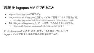 起動後 lagopus VMでできること
● vagrant ssh lagopusでログイン。
● /vagrant/run.shでlagopus(L3版)とコンフィグ管理プロセスが起動する。
○ ホスト側でVagrantfileのあるディレクトリは /vagrantとしてVMで共有されている。
● あとはingressやegressからパケットを流してみるとテストができる。
○ 別terminalからvagrant ssh ingressなどしたあとiperfなどできます
いったんlagopusを止めて、ホスト側でソースを修正してビルドして
lagopus VMで起動すれば修正後の挙動を確認できる。
 