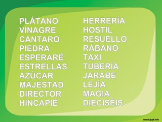 PLÁTANOPLÁTANO
VINAGREVINAGRE
CÁNTAROCÁNTARO
PIEDRAPIEDRA
ESPERARÉESPERARÉ
ESTRELLASESTRELLAS
AZÚCARAZÚCAR
MAJESTADMAJESTAD
DIRECTORDIRECTOR
HINCAPIÉHINCAPIÉ
HERRERÍAHERRERÍA
HOSTILHOSTIL
RESUELLORESUELLO
RÁBANORÁBANO
TAXITAXI
TUBERÍATUBERÍA
JARABEJARABE
LEJÍALEJÍA
MAGIAMAGIA
DIECISÉISDIECISÉIS