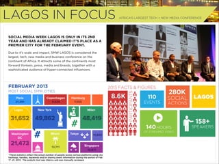 LAGOS IN FOCUS

AFRICA’S LARGEST TECH + NEW MEDIA CONFERENCE

SOCIAL MEDIA WEEK LAGOS IS ONLY IN ITS 2ND
YEAR AND HAS ALREADY CLAIMED IT’S PLACE AS A
PREMIER CITY FOR THE FEBRUARY EVENT.

!

Due to it’s scale and impact, SMW LAGOS is considered the
largest, tech, new media and business conference on the
continent of Africa. It attracts some of the continents most
forward thinkers, press, media and brands, together with a
sophisticated audience of hyper-connected inﬂuencers.

FEBRUARY 2013
FEBRUARY 2013
MOST SOCIAL SMW
MOST SOCIAL SMW CITIES CITIES
Paris
21,391
Lagos

Copenhagen
9,529
New York

Milan

31,652 49,862
Washington
DC

21,473

#

8.6K

Hamburg
7,955

Miami

13,711

#
Tokyo

48,419

60K

PARTICIPANTS

!

2013 FACTS & FIGURES

110

EVENTS

280K

SOCIAL
ACTIONS

140 HOURS

OF STREAMED VIDEO

11,890
Singapore
10,871

*These statistics reﬂect the actual number of people across various platforms using city
hashtags, handles, keywords and/or sharing event information during the period of Feb
17 -21, 2013. The analytic tool was Ubervu and was manually reviewed.

LAGOS

158+

SPEAKERS

 