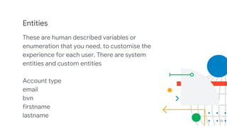 20
Entities
These are human described variables or
enumeration that you need, to customise the
experience for each user. There are system
entities and custom entities
Account type
email
bvn
firstname
lastname
 
